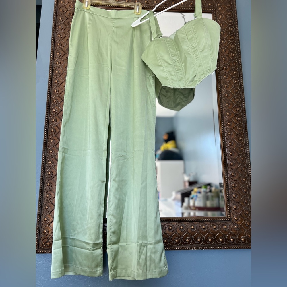 Lime green satin pant and top set